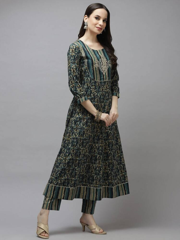 Yufta Women Green Printed Gotta Patti Pure Cotton Kurta with Trouser and Dupatta | Grab2Buy