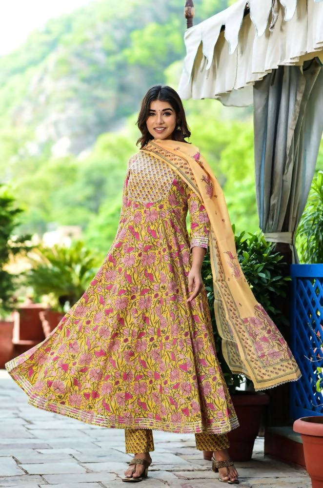 Yufta Women Yellow Floral Printed Pure Cotton Anarkali Kurta with Trouser & With Dupatta | Grab2Buy