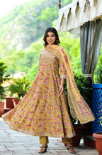 Yufta Women Yellow Floral Printed Pure Cotton Anarkali Kurta with Trouser & With Dupatta | Grab2Buy