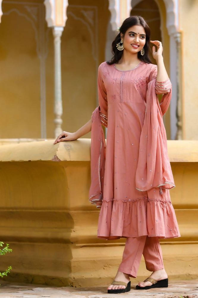 Yufta Women's Pink Tiered Embroidered Kurta with Trouser and Dupatta | Grab2Buy