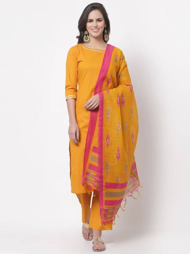 Myshka Women's Cotton 3/4 Sleeve Round Neck Casual Kurta Pant Dupatta Set | Grab2Buy