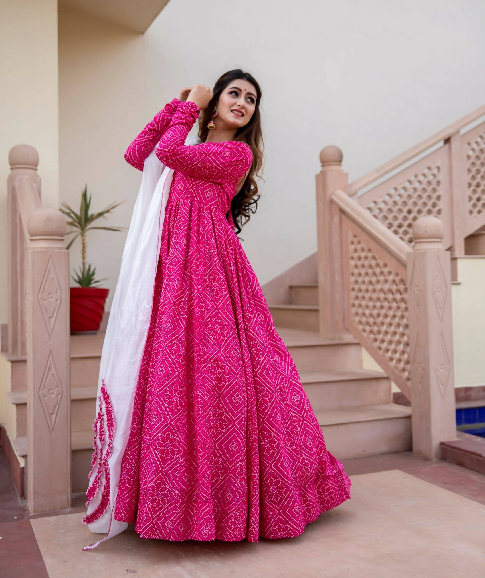 Pink Pure Maslin Bandhej Print Work Stitched Suit With Dupatta - Anbazaar | Grab2Buy