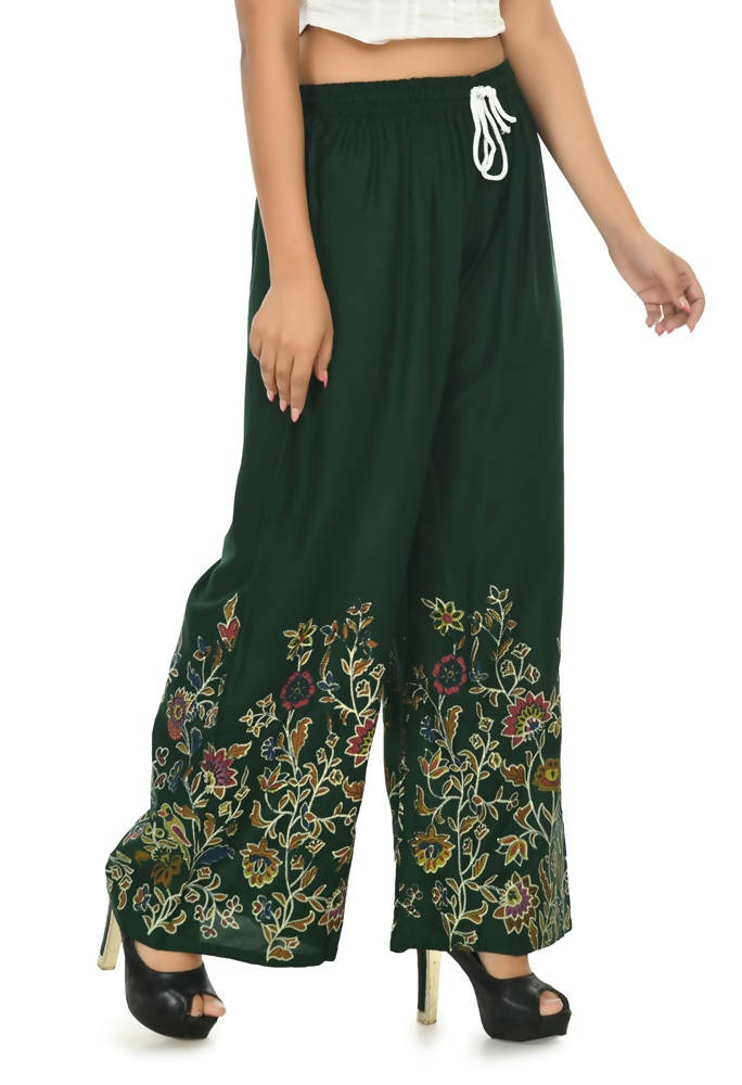 Mominos Fashion Moeza Reyon Cotton Bottle Green Floral Palazzo | Grab2Buy