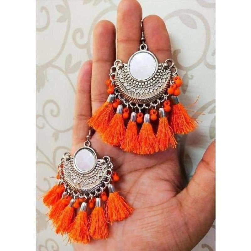 MS Fashion India Half Moon Chandbali Orange Color Silk Threads Mirror Tassel Silver Earrings | Grab2Buy