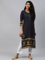 Yufta Women Navy Blue Golden Print Kurta | Grab2Buy