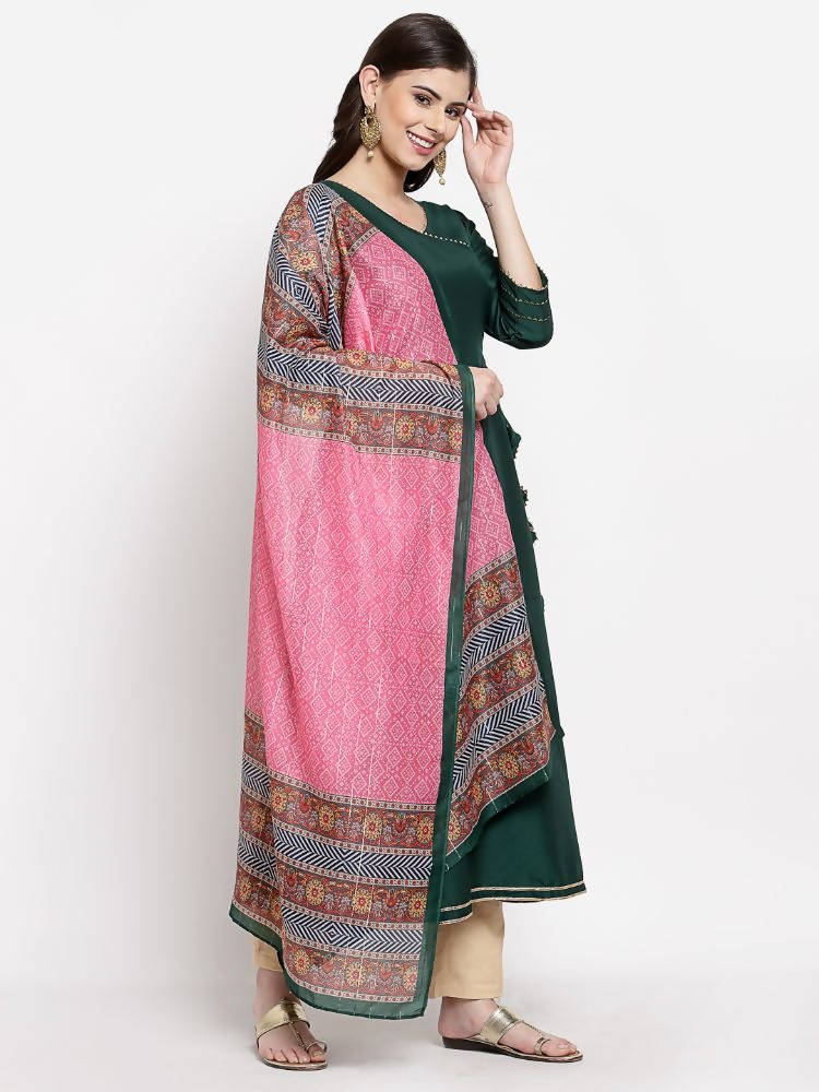 Myshka Women's Green Cotton Solid 3/4 Sleeve V Neck Casual Kurta Dupatta Set | Grab2Buy