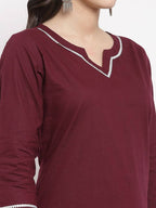 Myshka Women's Burgundy Cotton Solid 3/4 Sleeve Square Neck Casual Kurta Pant Dupatta Set | Grab2Buy
