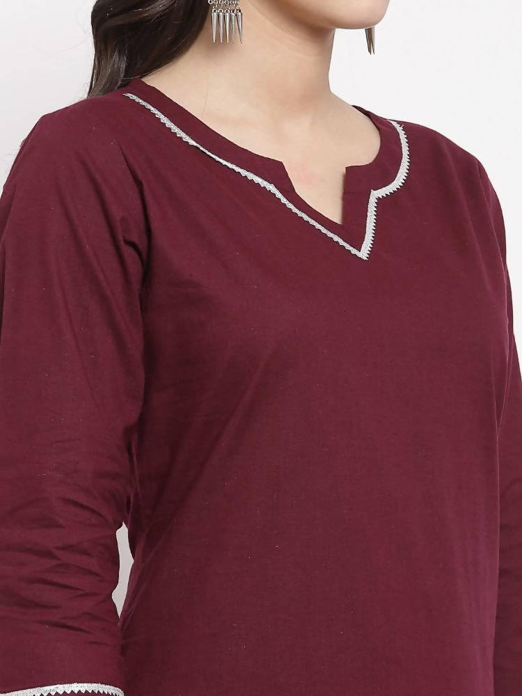 Myshka Women's Burgundy Cotton Solid 3/4 Sleeve Square Neck Casual Kurta Pant Dupatta Set | Grab2Buy