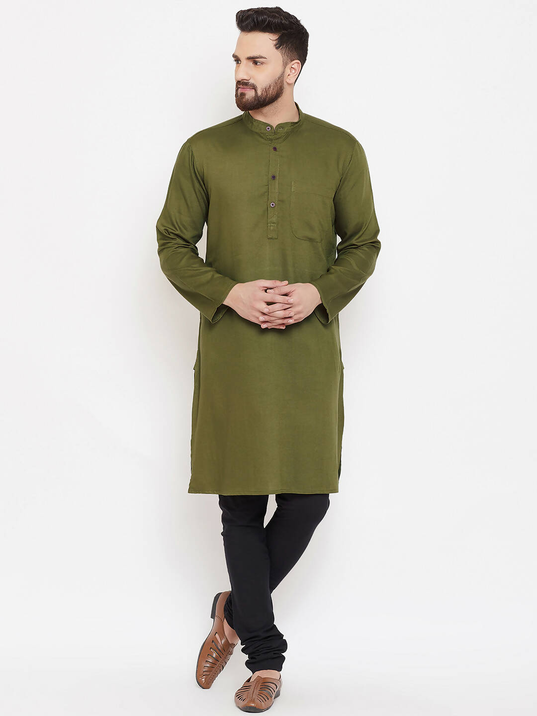 Even Apparels Green Linen Men's Kurta With Band Collar | Grab2Buy