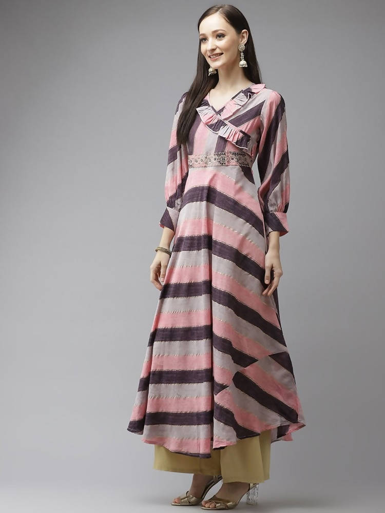 Yufta Women Purple & Multicoloured A-Line Striped Kurta | Grab2Buy