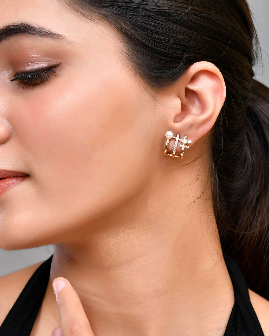 VOJ Gold-Polished Crystal Studded Stud Earrings | Grab2Buy