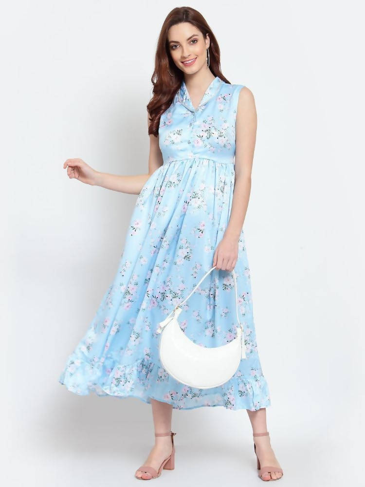Myshka Women's Sky Blue Printed Cotton Blend Sleeveless Coller Casual Dress | Grab2Buy