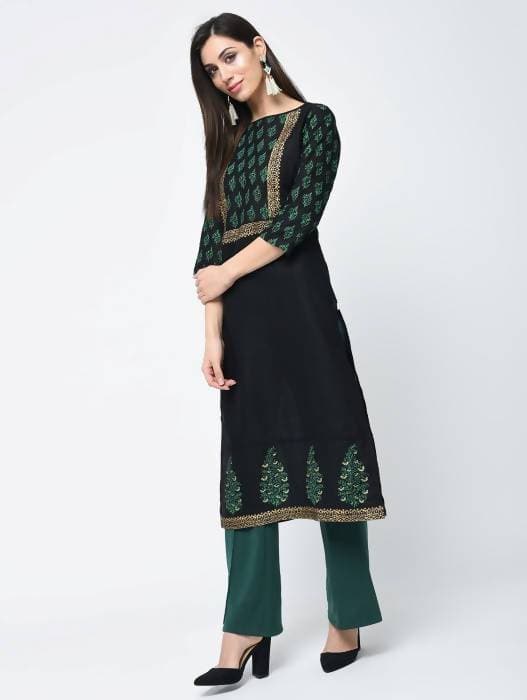 Aniyah Cotton Block Printed Black Straight Kurta (AN-131K) | Grab2Buy