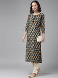 Yufta Women Teal Green & Mustard Yellow Ethnic Printed Pure Cotton Kurta with Palazzo | Grab2Buy