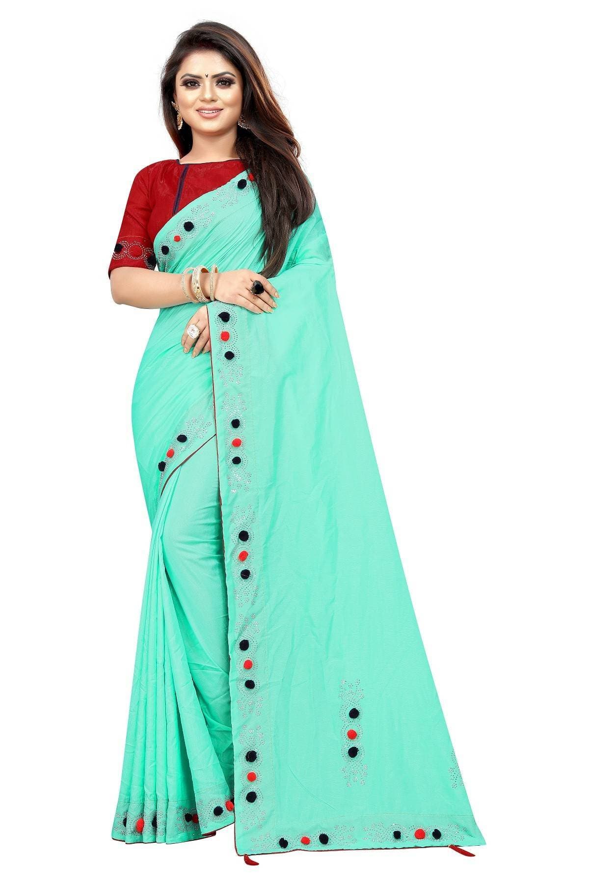 Vamika Rama Green Sana Silk Diamond And Pom Pom Saree | Grab2Buy