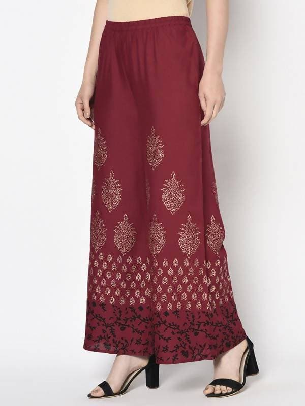 Aniyah Rayon Maroon Color Block Print Flared Slip-On Palazzo (AN-183K) | Grab2Buy