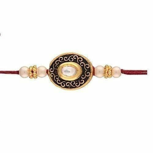 Gold-Polished Pearl and Stone Studded Rakhi | Grab2Buy