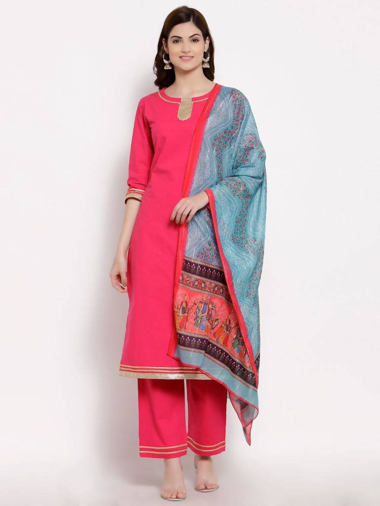 Myshka Women's Pink Cotton 3/4 Sleeve Round Neck Solid Casual Kurta Pant Dupatta Set | Grab2Buy