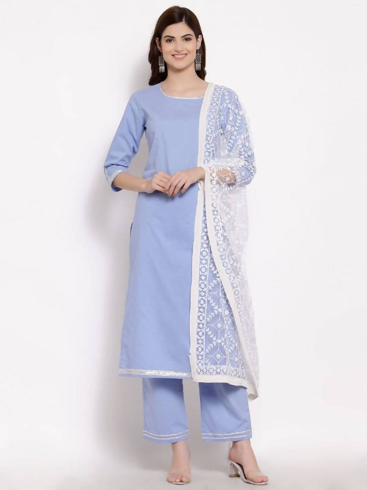 Myshka Beautiful Women's Blue Cotton 3/4 Sleeve Round Neck Solid Casual Kurta Pant Dupatta Set | Grab2Buy