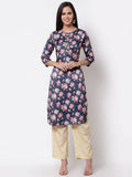 Myshka Silk Printed 3/4 Sleeve Round Neck Casual Blue Women's Kurta | Grab2Buy