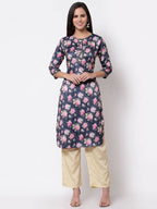 Myshka Silk Printed 3/4 Sleeve Round Neck Casual Blue Women's Kurta | Grab2Buy