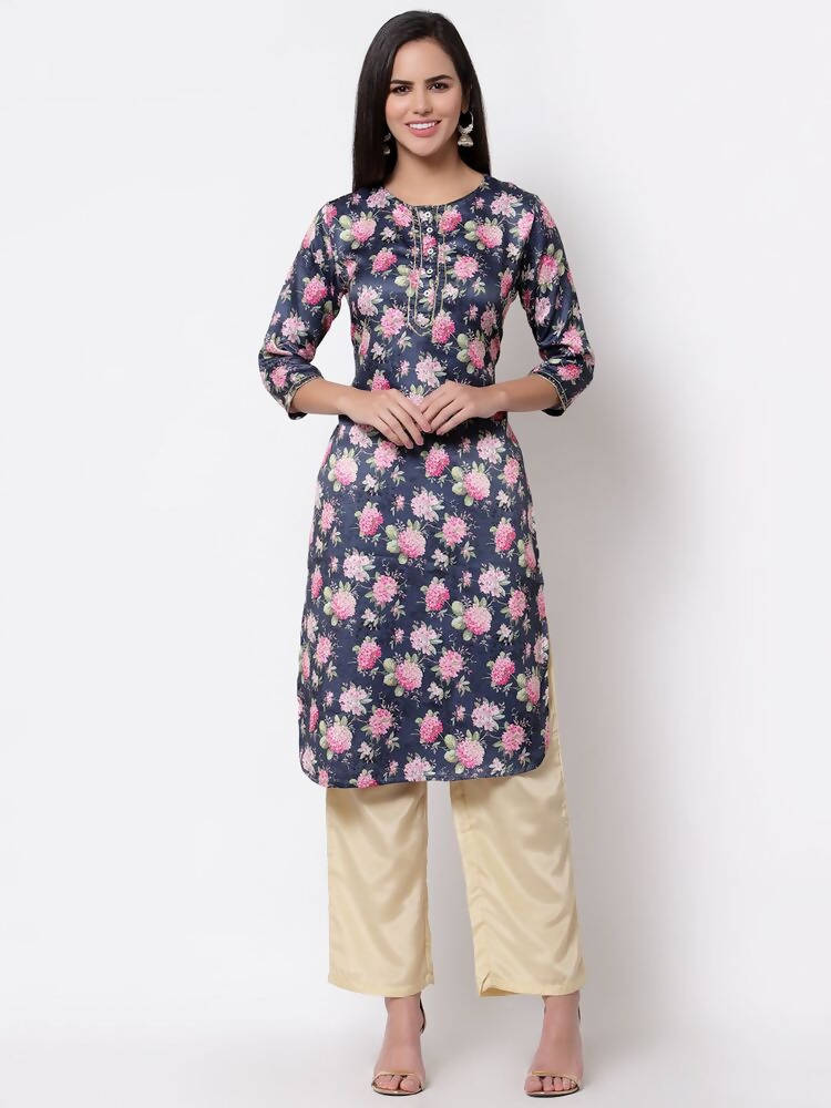 Myshka Silk Printed 3/4 Sleeve Round Neck Casual Blue Women's Kurta | Grab2Buy
