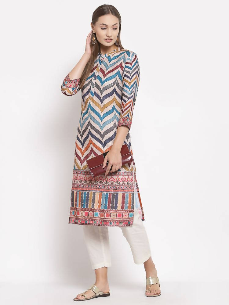 Myshka Women's Multi Silk Printed 3/4 Sleeve Round Neck Casual Kurta | Grab2Buy
