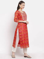 Myshka Women's Red Cotton Printed 3/4 Sleeve Square Neck Casual Kurta | Grab2Buy