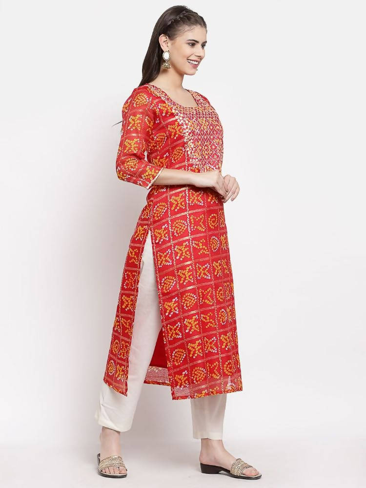 Myshka Women's Red Cotton Printed 3/4 Sleeve Square Neck Casual Kurta | Grab2Buy