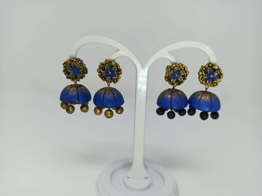 Terracota Beautiful Blue Terracotta Flower Studs with Jhumkas | Grab2Buy