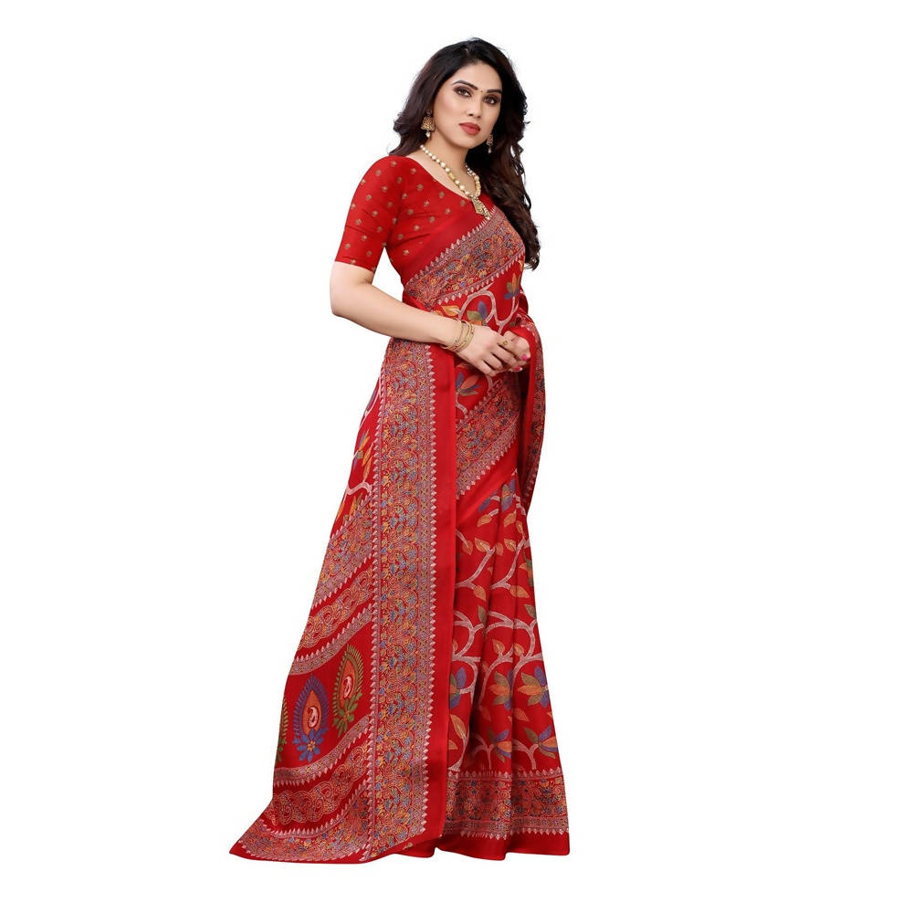 Vamika Printed Jute Silk Red Saree (Rishika Red) | Grab2Buy