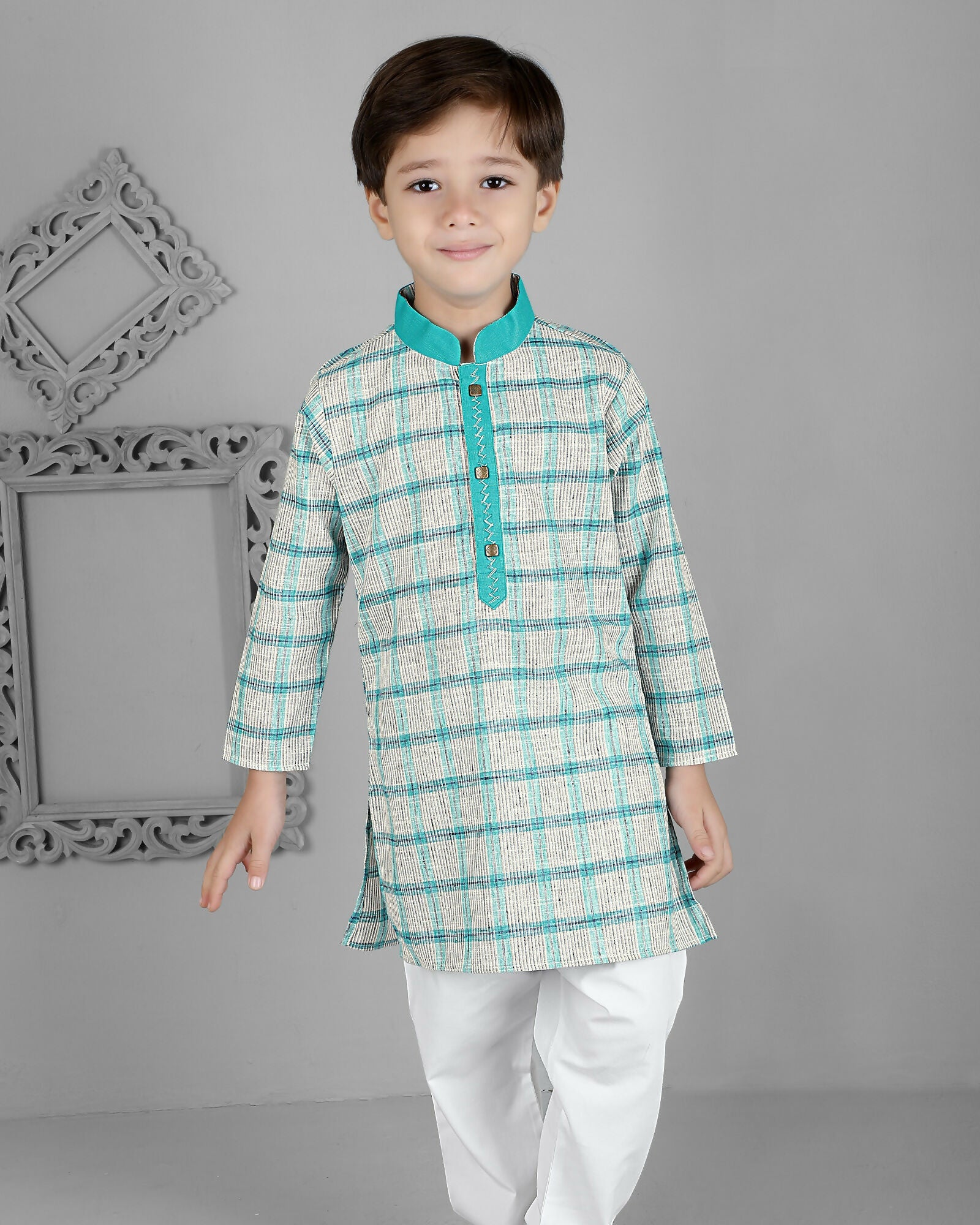 Joban Fashion Kids Island Cotton Full Sleeves Striped Kurta and Pyjama- Teal Blue | Grab2Buy