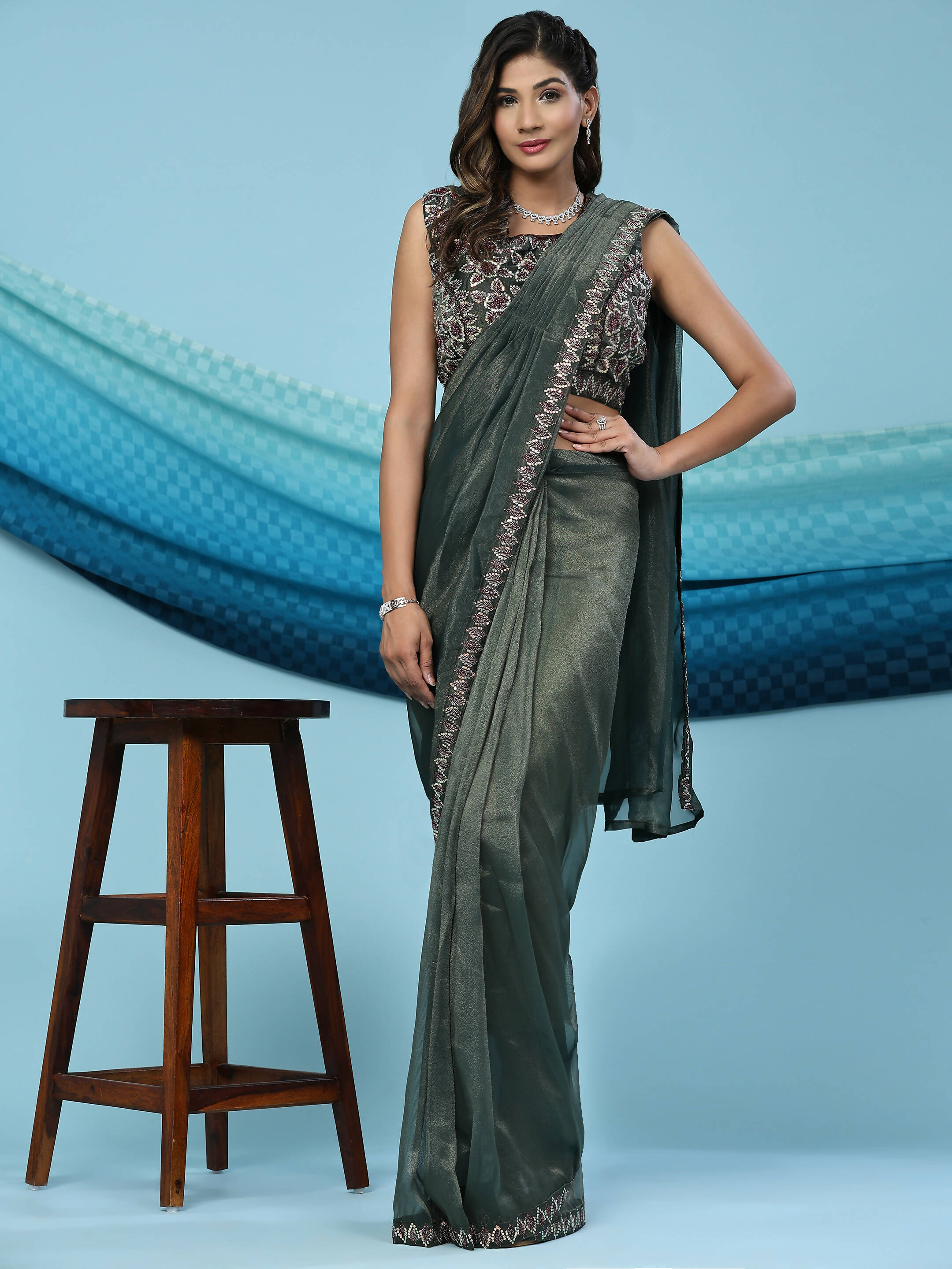 Green Lycra Shimmer Pattern Ready to Wear Saree with stitched Blouse - Nirvana | Grab2Buy