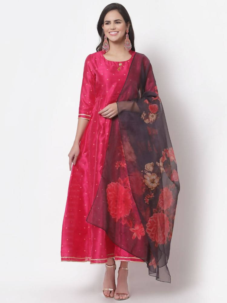 Myshka Women's Pink Silk Solid 3/4 Sleeve Round Neck Casual Anarkali Gown | Grab2Buy