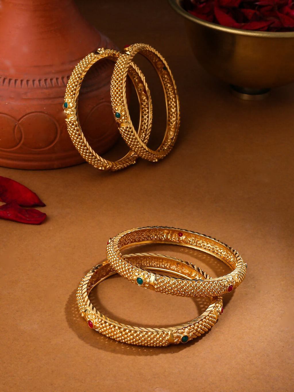 NVR Women's Set of 2 Gold-Polished Traditional Bangles | Grab2Buy