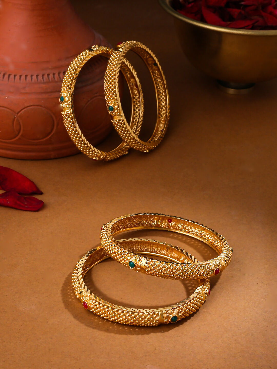 NVR Women's Set of 2 Gold-Polished Traditional Bangles | Grab2Buy