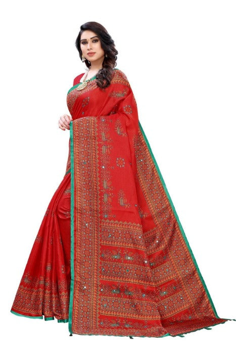 Vamika Red Mirror Work With Jhalar Khadi Silk Saree (AASHI RED) | Grab2Buy