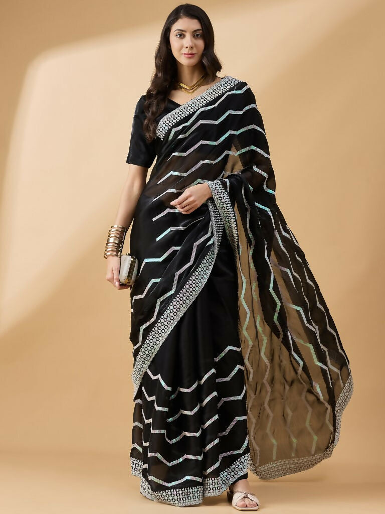 Black Tissue Slub Embroidered Saree with Unstitched Blouse - Vairagi | Grab2Buy