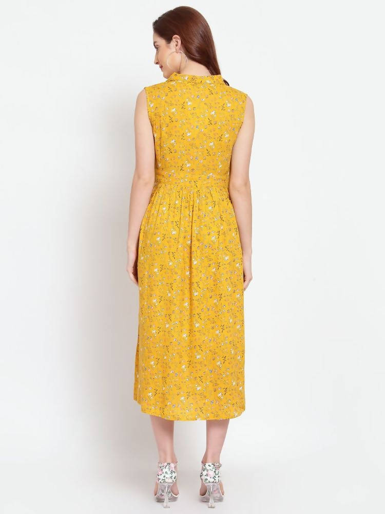 Myshka Women's Mustard Printed Rayon Sleeveless Collar Neck Casual Dress | Grab2Buy