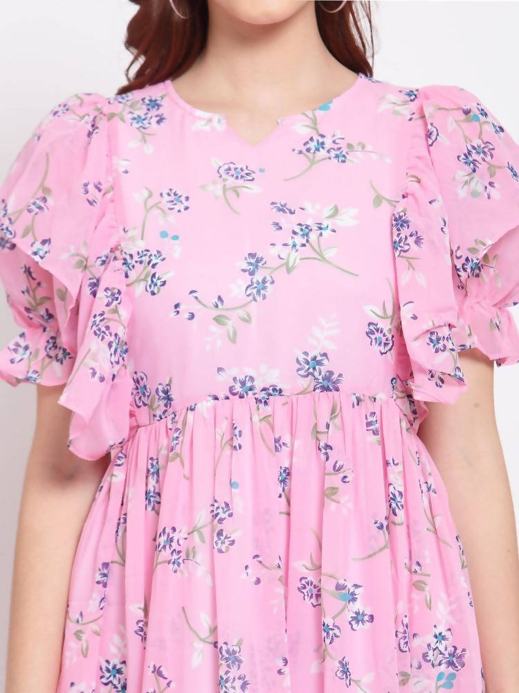 Myshka Women's Pink Printed Georgette Half Sleeve Round Neck Casual Dress | Grab2Buy