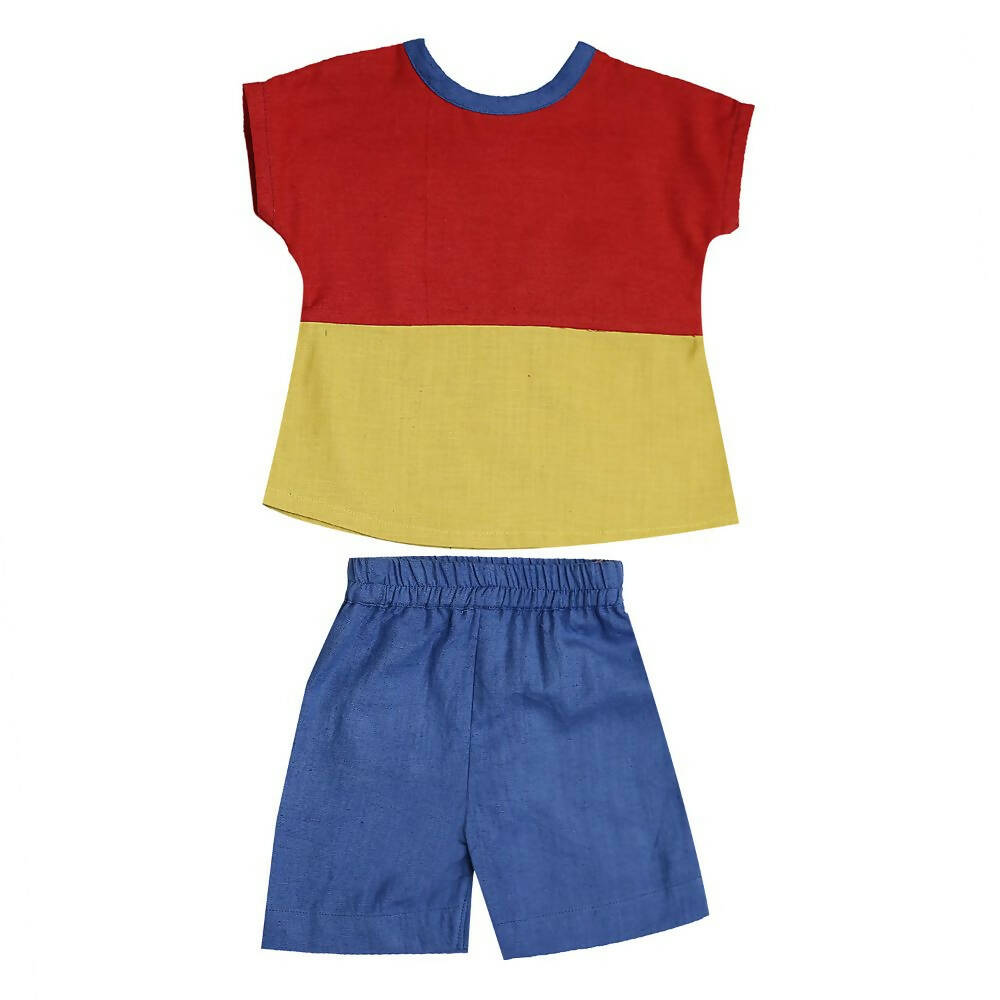 Mhyssa Morty Sleeve Red yellow T-shirt With Blue Shorts Set For Kids | Grab2Buy