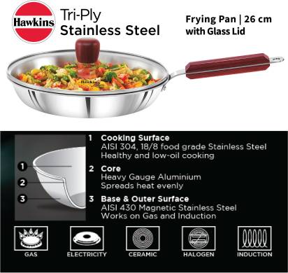 Hawkins TriPly Fry Pan 26 cm Diameter with Lid 1.8 L Capacity (SSF26G) | Grab2Buy