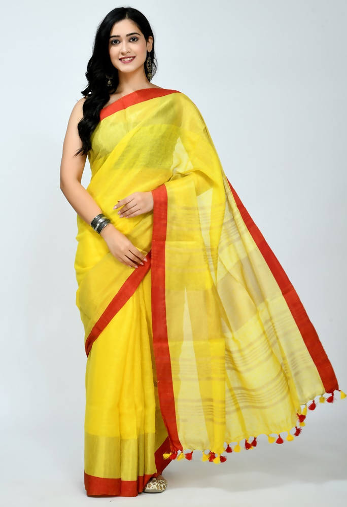 Mominos Fashion Moeza Pure Linen Yellow Saree | Grab2Buy