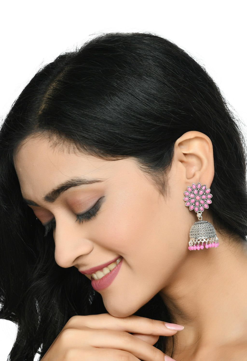 Mominos Fashion Joharkamal Kundan work Jhumka with Baby Pink Beads | Grab2Buy