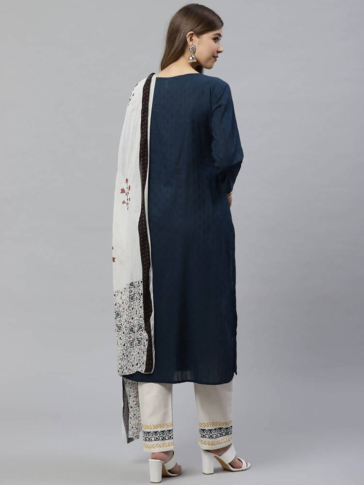Yufta Women Navy Blue & Off-White Dobby Weaved Kurta with Trouser & Dupatta | Grab2Buy