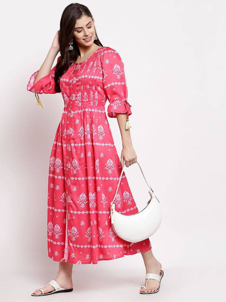 Myshka Women's Pink Cotton Printed 3/4 Sleeve Round Neck Casual Dress | Grab2Buy