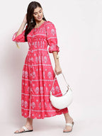 Myshka Women's Pink Cotton Printed 3/4 Sleeve Round Neck Casual Dress | Grab2Buy