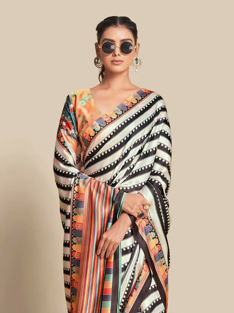 Partywear Designer Black & White Bright Moss Fancy Saree - Durga | Grab2Buy