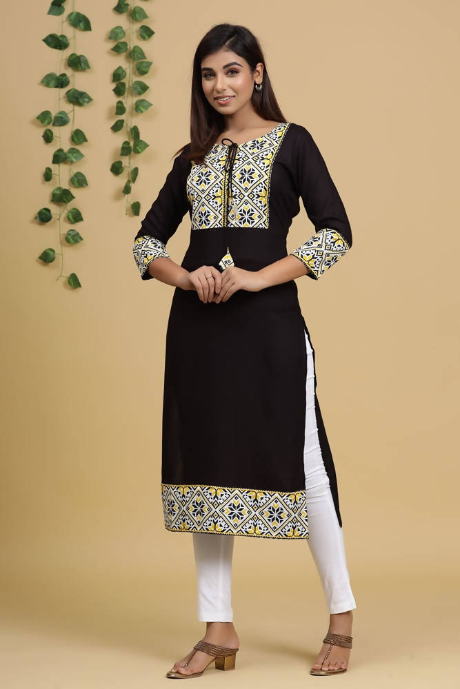 Yufta Women Black & Yellow Geometric Yoke Design Straight Kurta | Grab2Buy