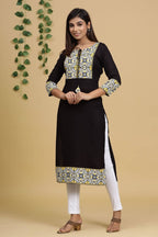 Yufta Women Black & Yellow Geometric Yoke Design Straight Kurta | Grab2Buy